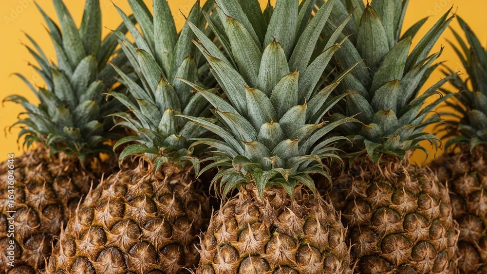 Macro image highlighting the textured surface and vibrant foliage of fresh pineapples. Macro image highlighting the textured surface and vibrant foliage of fresh pineapples.