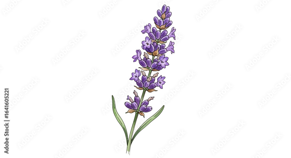 Obraz premium Illustration of a single sprig of lavender with purple flowers and green leaves, isolated on a white background.