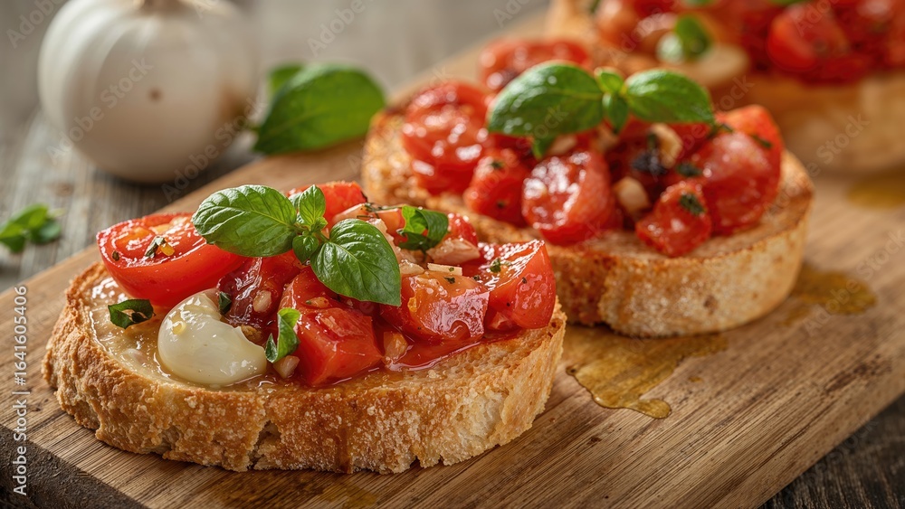 Close-up image of a classic starter with a tomato, garlic, red pepper, and basil topping on toasted slices Close-up image of a classic starter with a tomato, garlic, red pepper, and basil topping on toasted slices