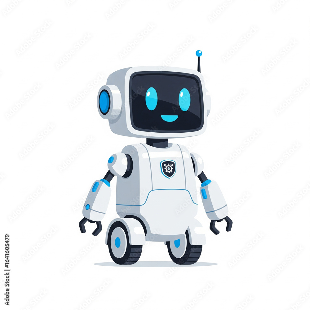 Flat vector illustration of a friendly technology robot, isolated on a white background. Flat vector illustration of a friendly technology robot, isolated on a white background.