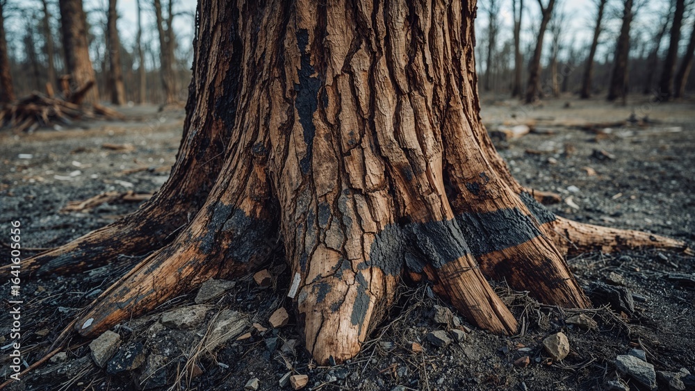 Fototapeta premium Scorched pine log with blackened surface, symbolizing ecological disaster.