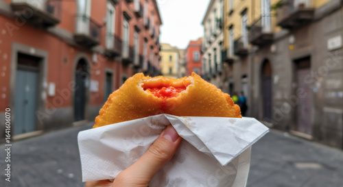 Fototapeta Naklejka Na Ścianę i Meble -  Fried Pizza Slice Napoli street food delight against vibrant buildings.