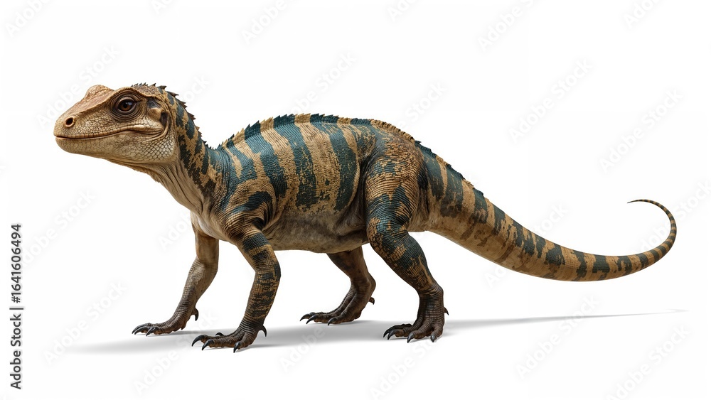 Fototapeta premium Chlamydosaurus reptile shown alone with an angry demeanor on white