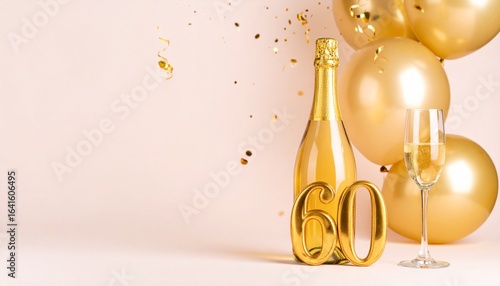 Champagne bottle and glass with number 60. Festive photo for birthday or anniversary party
