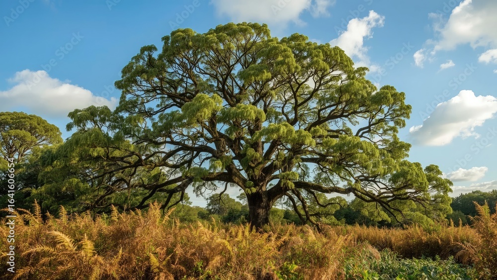 Obraz premium Skyward bracken twists in summer's embrace with lush green trees and vibrant spring scenery