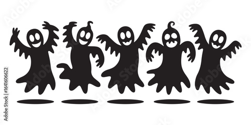 Five black silhouetted ghosts dancing happily on a white background