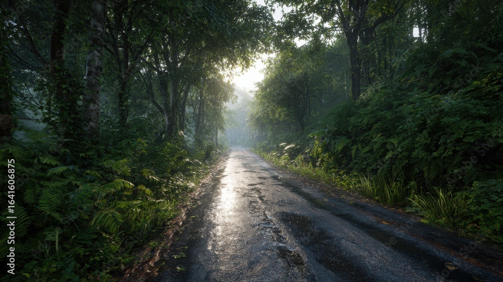Naklejka premium Misty Forest Road At Sunrise With Lush Greenery. Serene Nature Pathway Inviting Exploration