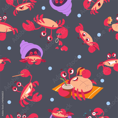 Crab pattern. cartoon template with different funny crab. seamless background
