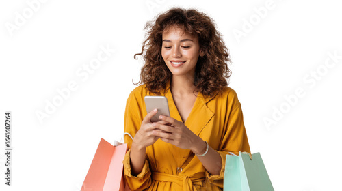 Digital Shopping Delight: A young woman immersed in the world of online shopping. A lady holding a smartphone with shopping bags in the foreground and a serene and modern setting in the background.
