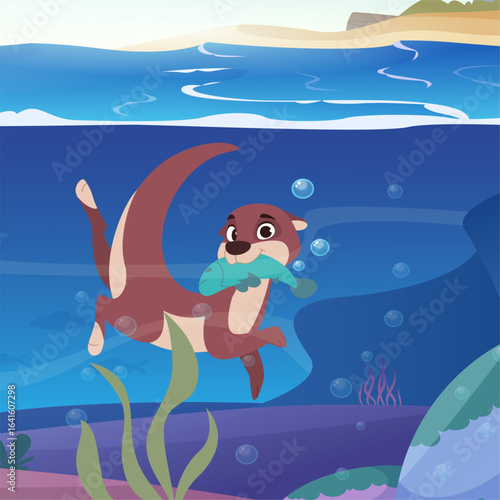 Otter swimming. cartoon mascot underwater swimming with fish in mouth. cartoon background