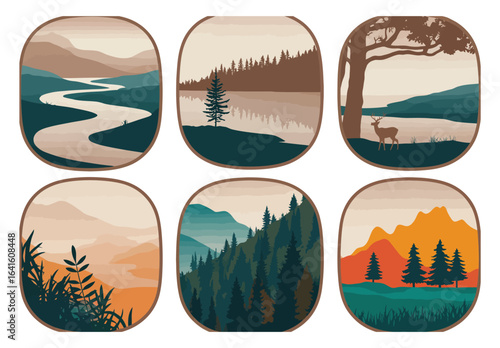 Vector art of a collection of six nature landscape illustrations featuring mountains, trees, water, and sky in a retro style, perfect for travel and tourism designs, with a vintage touch