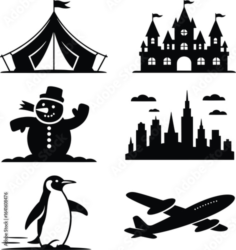 Black silhouette icons of circus tent castle snowman cityscape penguin and airplane