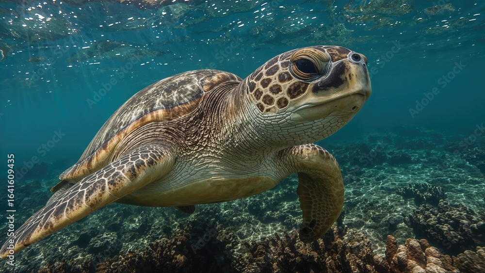 Fototapeta premium Detailed view of a green sea turtle near vibrant coral formations