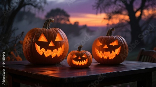 Wallpaper Mural Illuminated Jack o lanterns on Wooden Table at Dusk Halloween Decorations Autumn Scene Torontodigital.ca