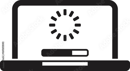 Software update or download process on a laptop computer, showing progress bar and buffering symbol