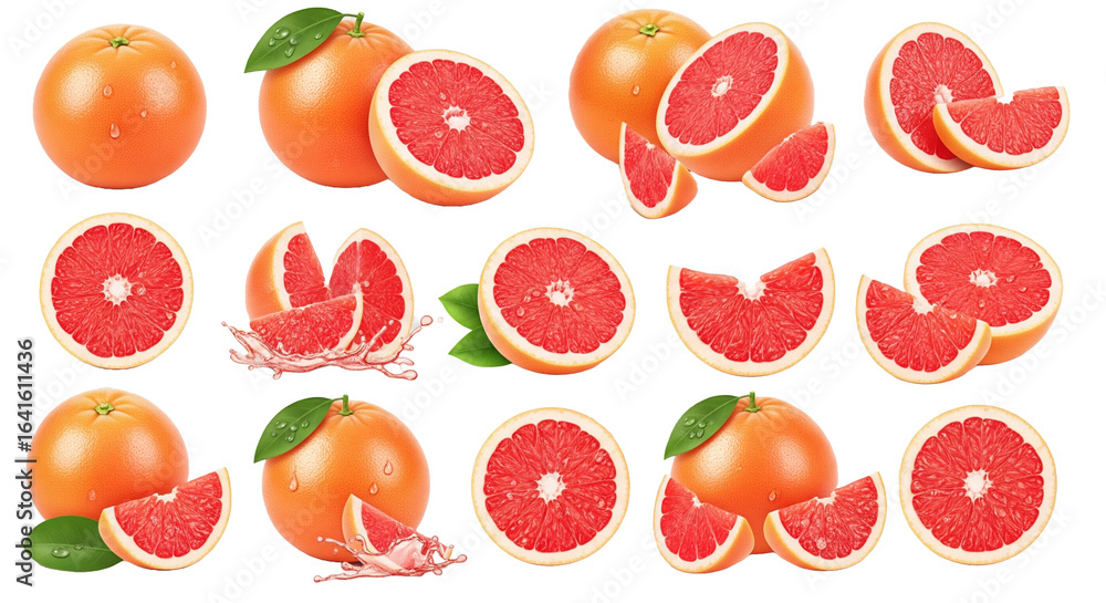 Naklejka premium Set of grapefruit png images. Concept clipart of isolated fruit, juicy fruit, advertising of juices, menus and stores.