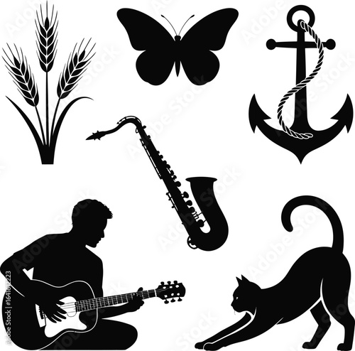 Black silhouette icons of wheat butterfly anchor saxophone guitar player and cat