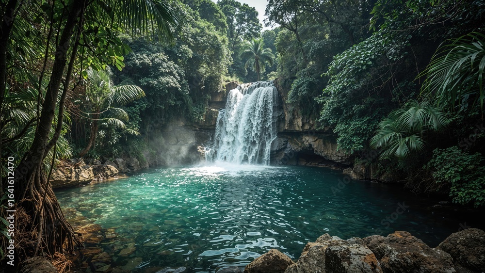Fototapeta premium Crystal clear blue pond below waterfalls in a vibrant rainforest setting