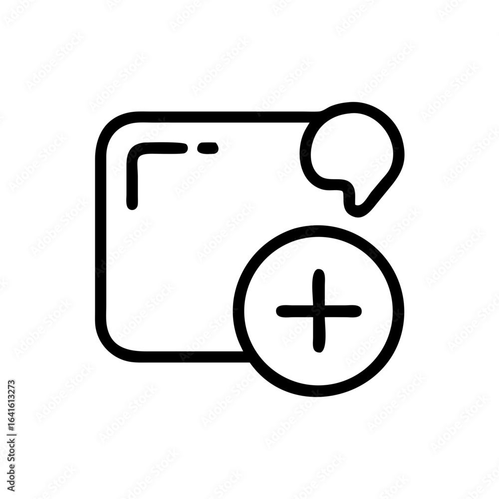 Add new comment or message line icon with a plus symbol. Simple vector for creating a new post or reply on a platform. Add new comment or message line icon with a plus symbol. Simple vector for creating a new post or reply on a platform.