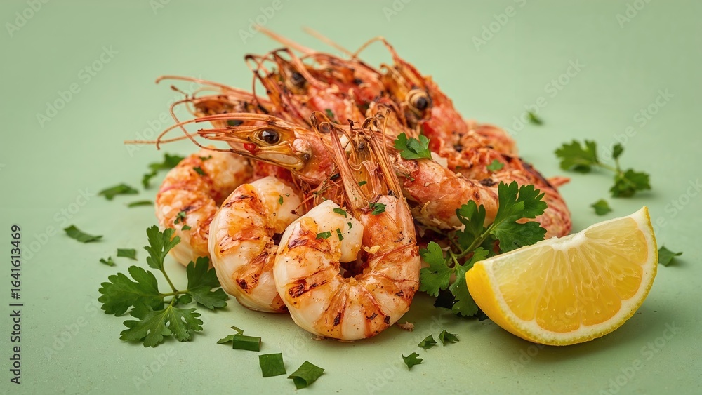 Roasted tiger shrimp presented with lemon slices and fresh coriander Roasted tiger shrimp presented with lemon slices and fresh coriander