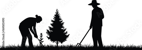 Silhouette of two people gardening outdoors, woman and man working together, planting, raking soil, nature care, farming, teamwork, rural landscape
