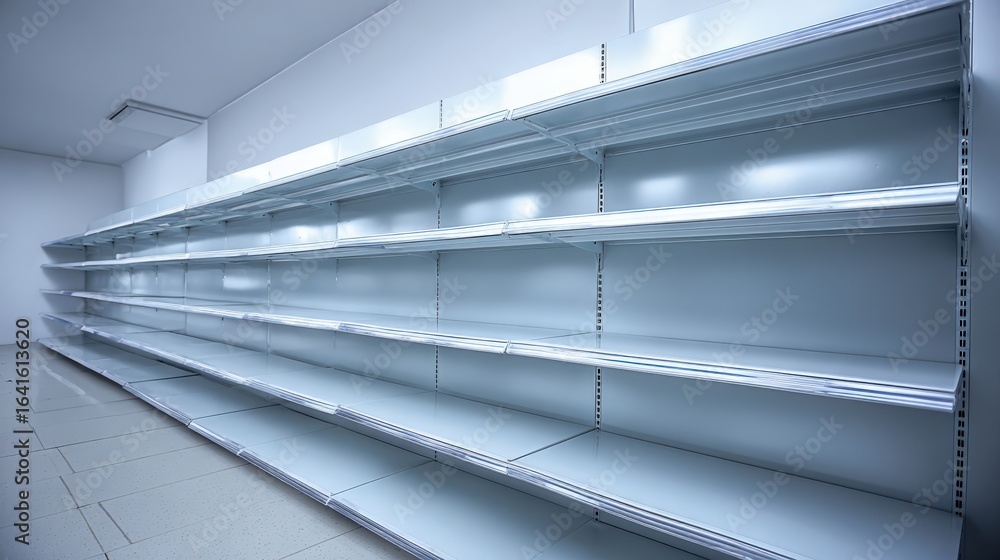 Obraz premium Empty Store Shelves: Retail Space for Product Placement, Inventory, and Display Opportunities in White Interior