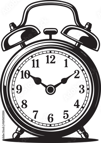 Old-Fashioned Alarm Clock with Bells Minimal Black and White Line Drawing