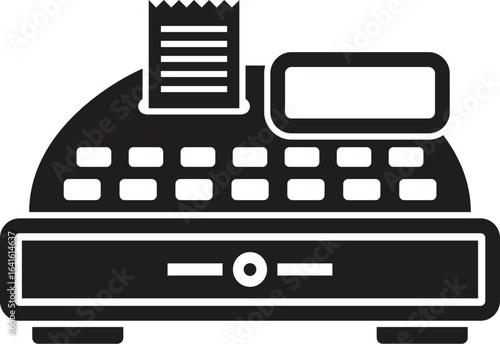 Black and white vector illustration of a cash register printing a receipt, symbolizing point of sale transactions and retail operations