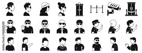 Face control party icons set. Icons depict security personnel managing access, interacting with guests, and utilizing surveillance, ensuring safety and order at a vip event