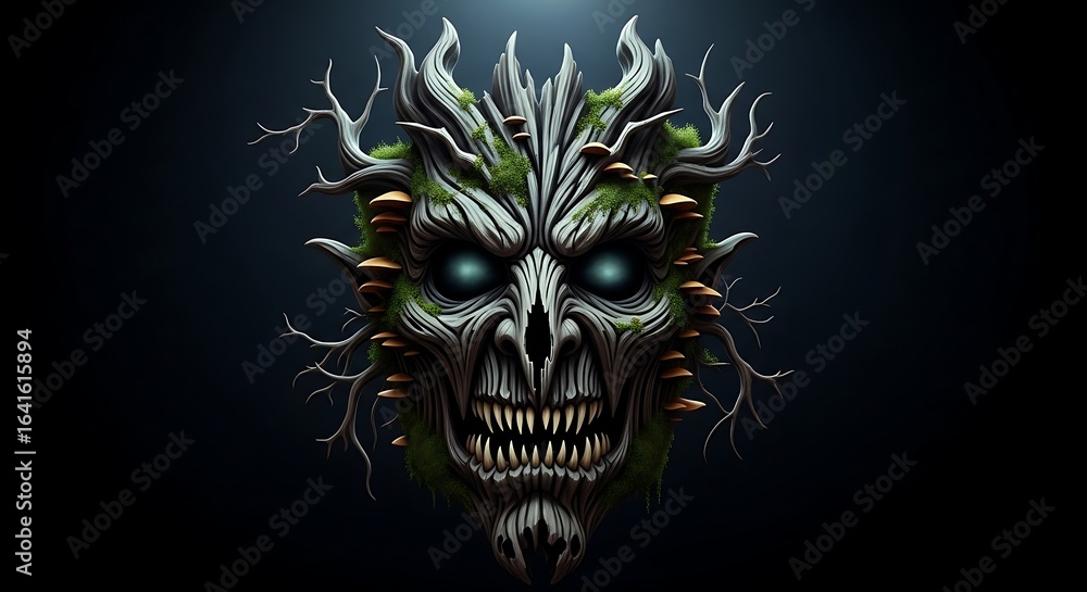 Naklejka premium Sinister Forest Spirit with Glowing Eyes, Moss, and Fungi
