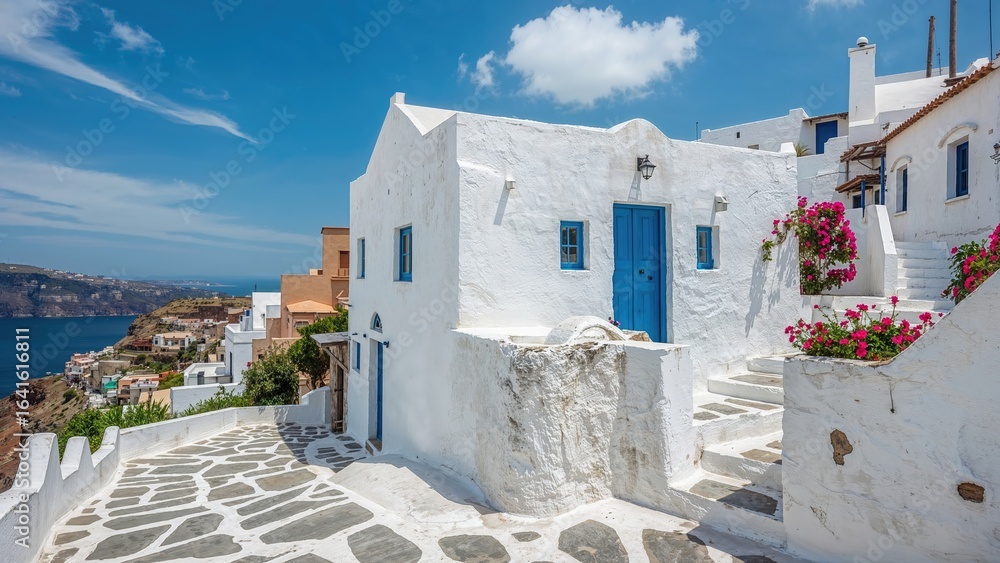 Naklejka premium Ancient white and blue home showcasing traditional construction