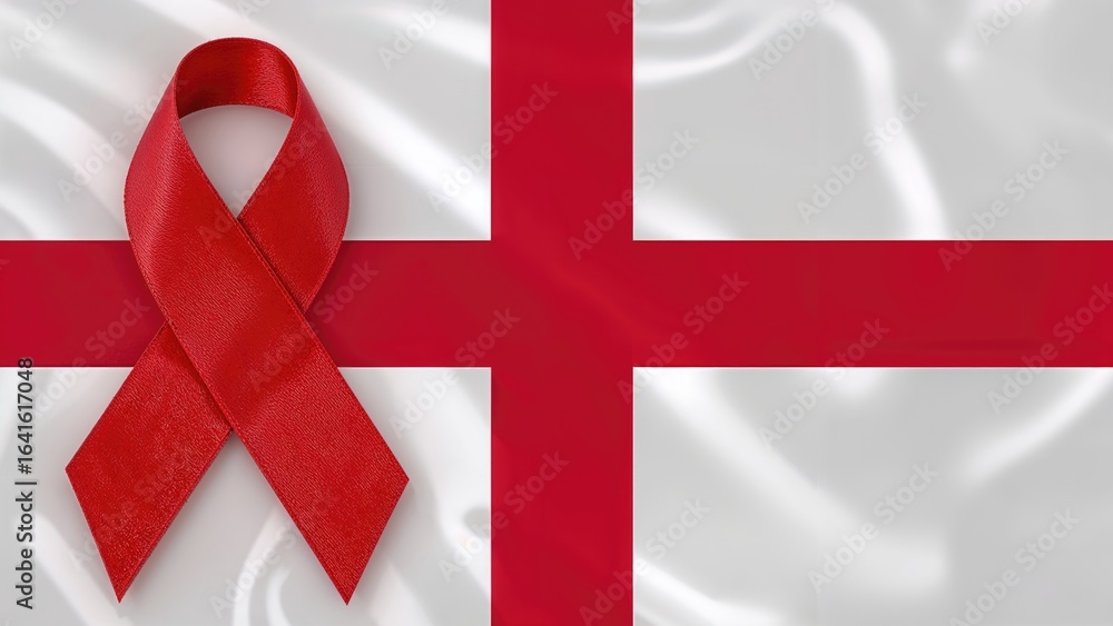 Fototapeta premium Red ribbon as a symbol of unity and remembrance in the fight against AIDS and HIV, set on an English flag background