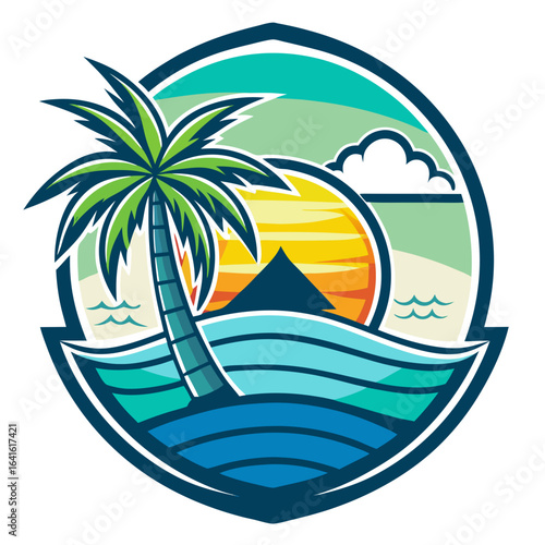Vector art of tropical beach sunset with a lone palm tree and ocean waves, featuring a pyramid, a vibrant illustration of a serene vacation paradise