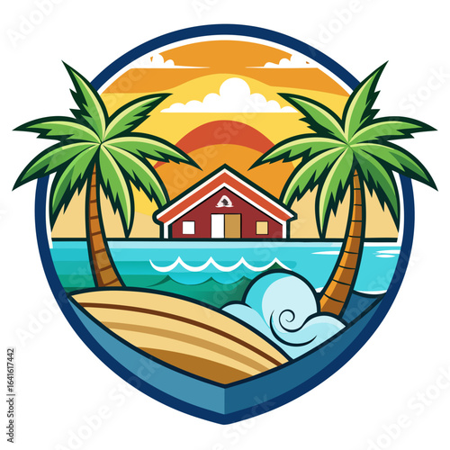 Vector art of tropical beach sunset with palm trees, ocean waves, and a cozy cabin, a vibrant illustration of a serene vacation paradise