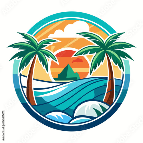 Vector art of tropical beach sunset with palm trees and ocean waves, a vibrant circular emblem representing paradise and summer vacation