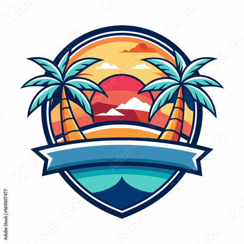 Vector art of tropical beach emblem with palm trees, ocean waves, and a sunset sky, featuring a banner for text, symbolizing vacation and paradise