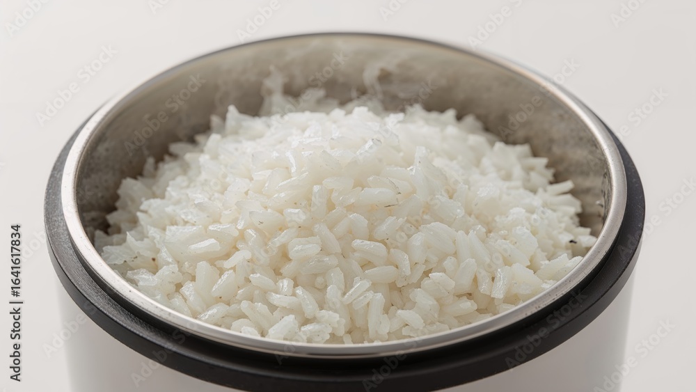 Newly cooked plain white rice in a container. Newly cooked plain white rice in a container.