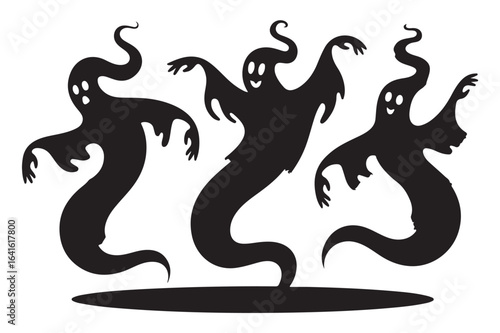 Three dancing silhouette ghosts halloween spooky vector illustration