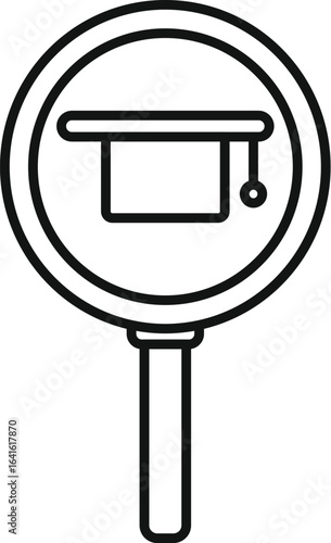 Magnifying glass focusing on graduation cap, symbolizing the search for knowledge, educational resources, and career paths