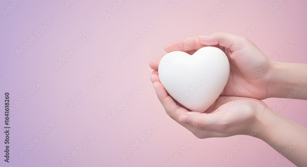 Obraz premium Hands gently holding a white heart against a soft pink and purple gradient background image scene