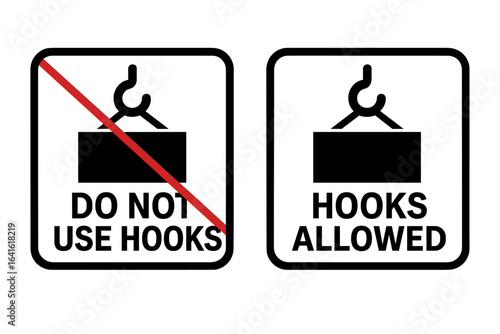 Set of packaging manipulation symbols for cargo products and goods, including "Do not use hooks" and "Hooks allowed" markings, vector elements for safe handling instructions