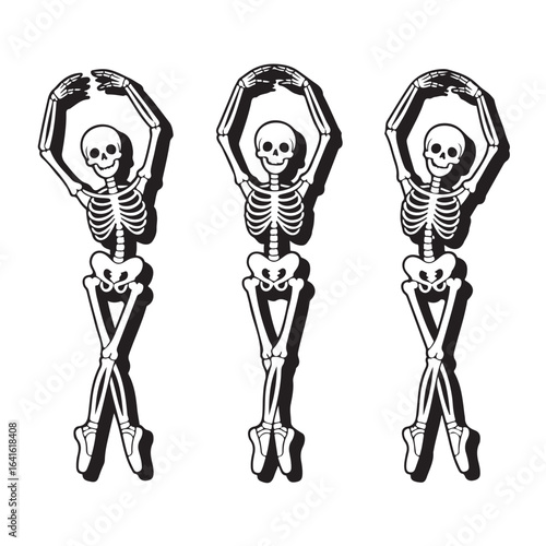 Three dancing ballerina skeletons performing ballet poses for halloween
