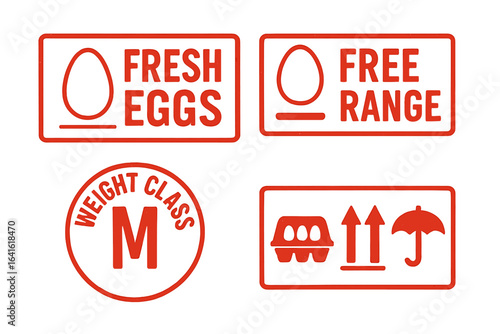 Fresh Egg Carton Marking Stamps Vector Set. Free Range, Medium Weight, Express Delivery, Food Safety, Farm Graphic Badge Collection. Red Egg Packaging Labels Isolated. Editable Commercial Icons.