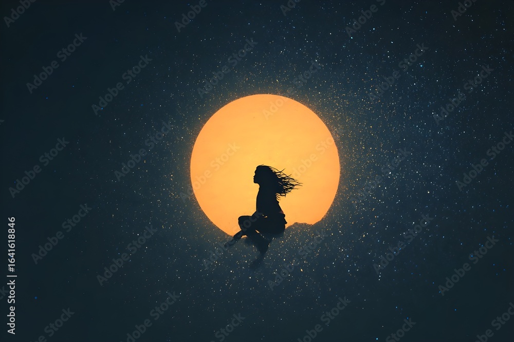 Naklejka premium A small silhouette of a woman with her hair blowing in the wind, sitting on a large bright planet, floating in the middle of dark space, small spots of light as stars fill the background