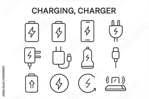 Charging, charger, electronic device charging, battery charge, mobile charging icon set, outline pictogram, linear style vector, power adapter, car charger, USB cable, wireless charging station