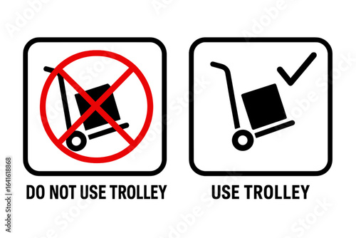 Cargo Handling Safety Icons, Do Not Use Trolley and Use Trolley Signs, Packaging Symbols for Goods, Manual Handling Instructions, Transport, Warehouse, Vector Elements, Stock Illustration