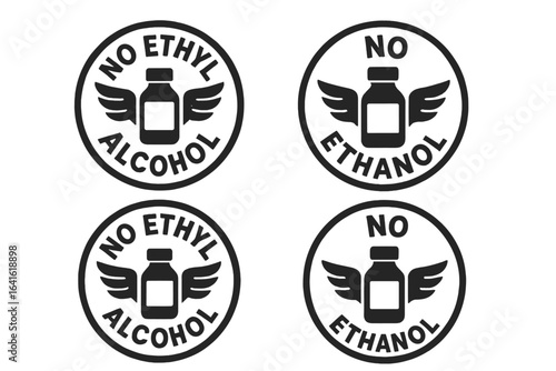 Ethanol-Free Ethyl Alcohol-Free Icon Stamps for Product Packaging and Labeling, No Alcohol Vector Badges, Chemical-Free Symbols, Cosmetic, Healthcare, Food Safety, Wing Bottle Logo, Ingredient Signs