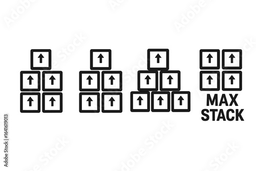 Max Stack Limit Icons for Cargo, Shipping, Packaging. Maximum Stacking Symbols, Freight Handling, Logistic Safety Mark, Export Pallet Guide, Storage Restriction, Box Arrow Signs, Vector Elements.