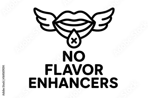 No Flavor Enhancers Packaging Label Design. Mouth Icon with Wings and Drop, Symbolizing Natural Ingredients, Additive Free, Clean Label, Healthy Food Product, Allergen Free, Modern Vector Art