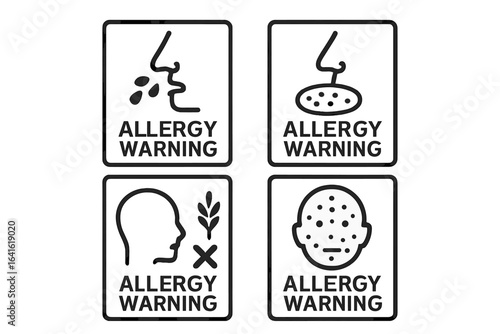 Allergy warning signs vector set. Allergy icons for packaging, labels, product safety. Food allergy, pollen, wheat, respiratory, skin rash, health risk symbols. Black outline isolated icons.